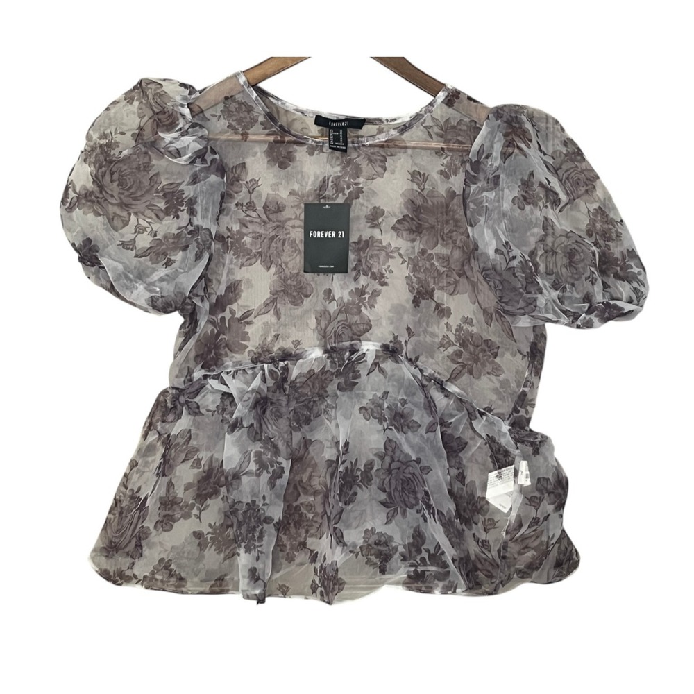 Forever 21 Womens Top New Sheer Puff Sleeves Floral Whimsigoth Dainty Medium